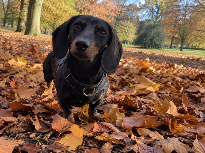 Dog and cat in autumn leaves